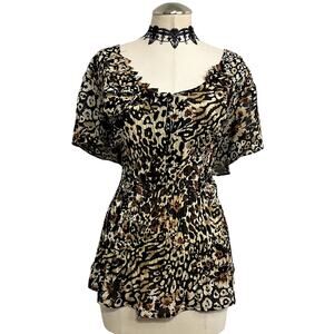 New York City Design Co. Y2K Leopard Floral Patterned Flowy Womens Blouse 2XL